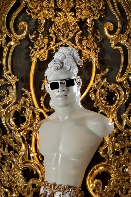 Image similar to full-body neon porcelain bladerunner and rococo style sculpture of a young handsome Cuban prince wearing cholo shades as a half android with a porcelain chest opening exposing circuitry and electric sparks, glowing laser beam eyes, crown of giant diamonds, flowing neon-colored silk, fabric, raptors. baroque elements. full-length view. baroque element. intricate artwork by caravaggio. many many birds birds on background. Trending on artstation, octane render, cinematic lighting from the right, hyper realism, octane render, 8k, depth of field, 3D