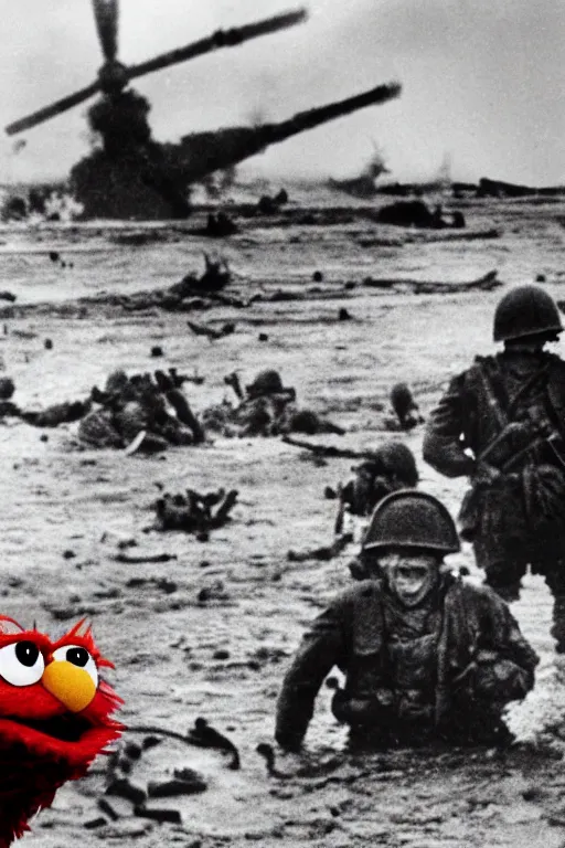 Image similar to an epic scene of elmo on the battlefield on d - day storming the beaches of normandy, wide - angle