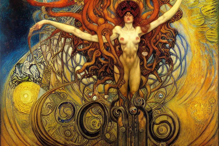 Image similar to Divine Chaos Engine by Karol Bak, Jean Delville, William Blake, Gustav Klimt, and Vincent Van Gogh, symbolist, visionary