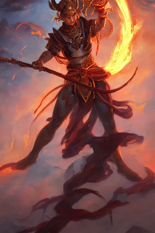 Image similar to a masterpiece portrait of nezha, legendary god holding spear, man, flame everywhere, epic pose, fantasy character portrait, closeup shot, hyper detailed, digital painting, 8 k realistic, trending on artstation, sharp focus, dof, by fenghua zhong, artgerm, ne zha from smite, jeff easley, raymond swanland