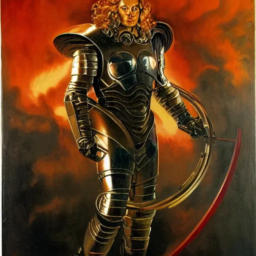 Prompt: oil painting of a pale menacing Apollo with long curly blond hair and piercing red glowing eyes, powerful sci fi centurion in tall jagged black plate armor, cinematic chiaroscuro creeping darkness, by J.C leyendecker and norman rockwell