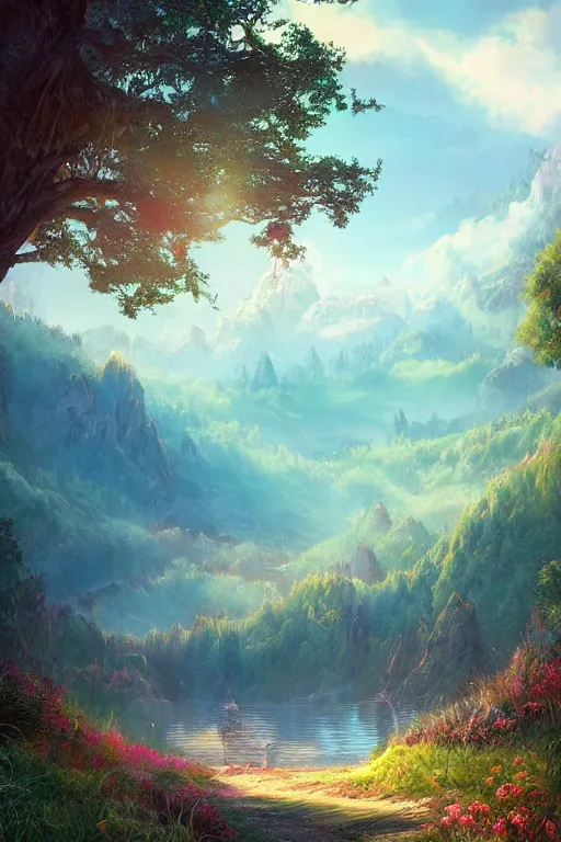 Image similar to beautiful matte painting style synthwave, whimsical art fantasy path mountains and meadow in the background near a lake reflecting the trees, atmospheric lighting, painted, intricate, volumetric lighting, beautiful, rich deep colors masterpiece, sharp focus, ultra detailed by