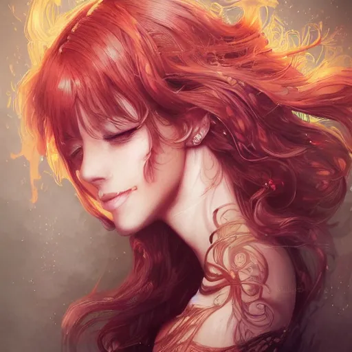 Image similar to Libromancer Fireburst, heroine, beautiful, playful smile, detailed portrait, intricate complexity, in the style of Artgerm, Kazuki Tanahashi, and WLOP, quixel megascan