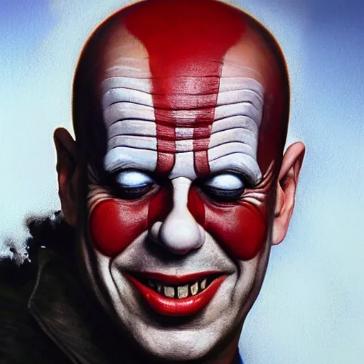 Image similar to UHD hyperrealism painting of Bruce Willis dressed as a clown, wearing clown makeup, by Antonio Caparo and Ferdinand Knab and Greg Rutkowski, UHD, photorealistic, trending on artstation, trending on deviantart, correct face, real clown makeup