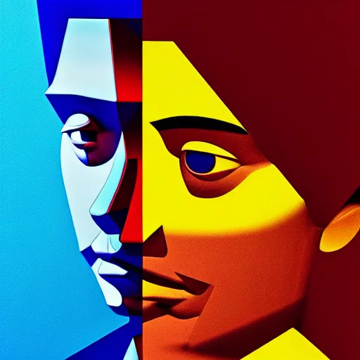 Image similar to ultra realistic portrait ofa man in suit in a studio, ultra detailed, under blue, red and yellow cinematic lighting, escher, cartoon, monument valley, salvador dali
