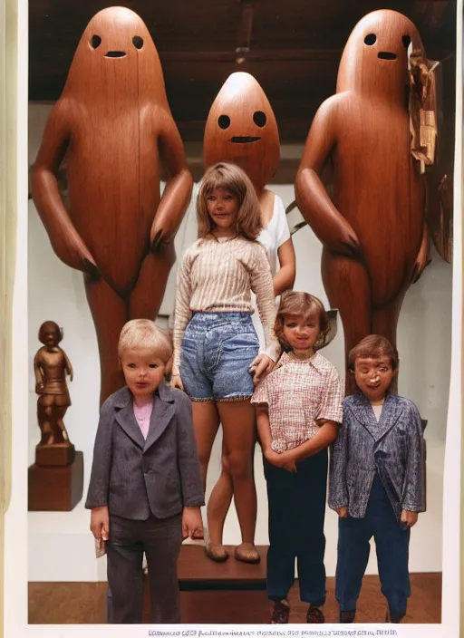 Image similar to realistic photo of the family wearing fluffy shorts, faceless, no face, polished and fancy, standing in the wooden expensive interior room full of wooden bird idol sculptures 1 9 9 0, life magazine reportage photo