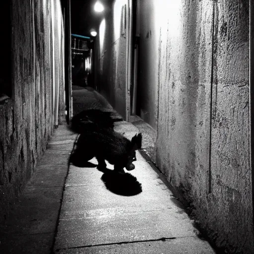 Prompt: a skunk in a dark alley way at night, 28mm lens