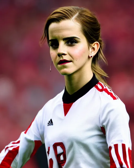 Image similar to a portrait of emma watson as a lokomotiv football player, hyper realistic