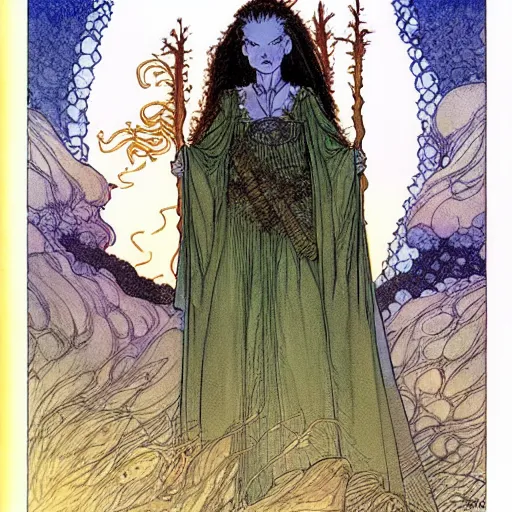 Image similar to a beautiful portrait of sanna!!!!! marin!!!!!, the young female prime minister of finland as a druidic wizard by rebecca guay, michael kaluta, charles vess and jean moebius giraud