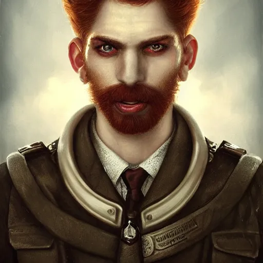 Image similar to fantastic close up portrait of a ginger pale vampire police officer with short hair and a patchy beard, highly detailed, face in focus, sharp focus, art by tom bagshaw and manuel sanjulian