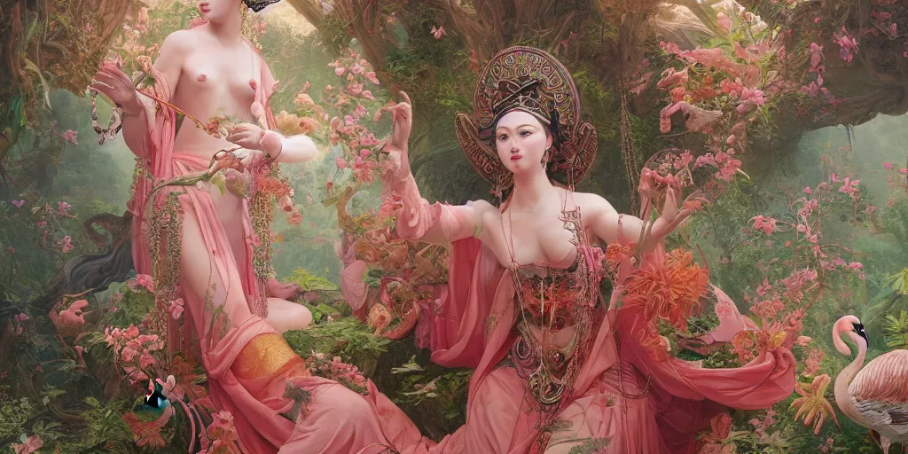 Image similar to breathtaking detailed concept art painting of the goddess of flamingo, orthodox saint, with anxious, piercing eyes, ornate background, amalgamation of leaves and flowers, by Hsiao-Ron Cheng and John James Audubon, extremely moody lighting, 8K