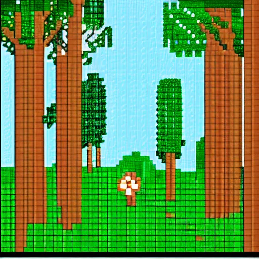 Image similar to pixel art forest scene with golden rings in the ground