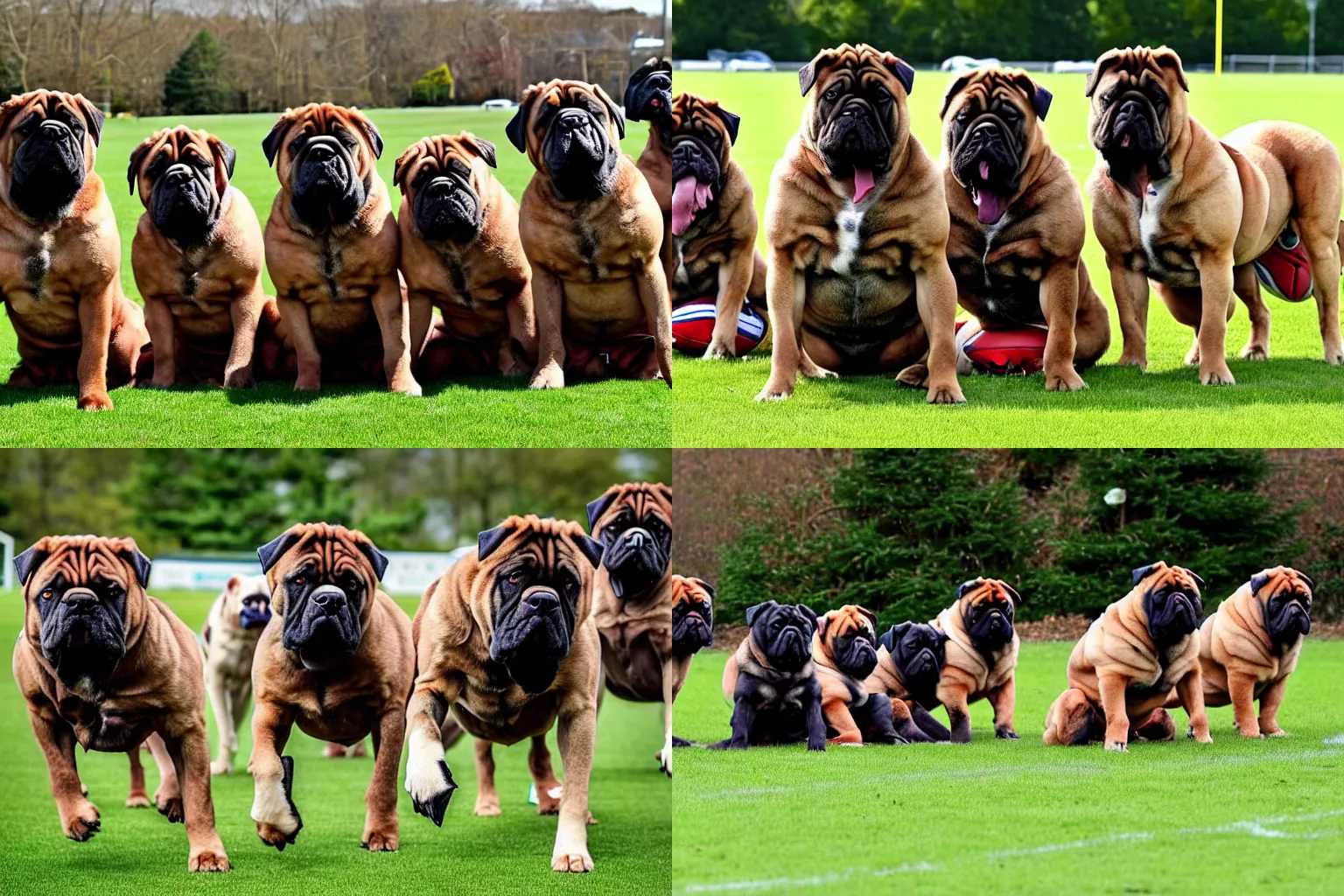 Prompt: A pack of bullmastiffs in rugby uniforms. Dogs, canines. Sports photo.