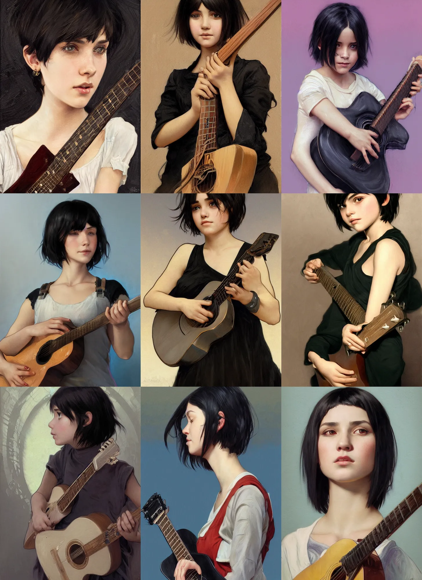 Prompt: Close-up portrait of kind young girl with short black hair in a bob cut, holding a guitar case, slightly dirty, portrait, highly detailed, digital painting, artstation, concept art, sharp focus, illustration, art by artgerm and greg rutkowski and alphonse mucha