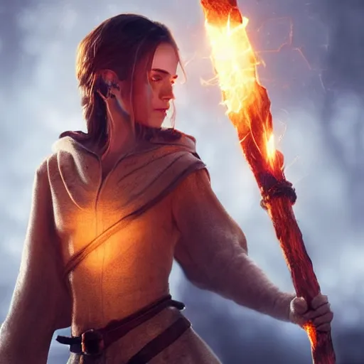 Prompt: Emma Watson wearing tattered medieval tunic holding a glowing fire magical staff. Trending on Artstation, octane render, ultra detailed, art by Ross tran