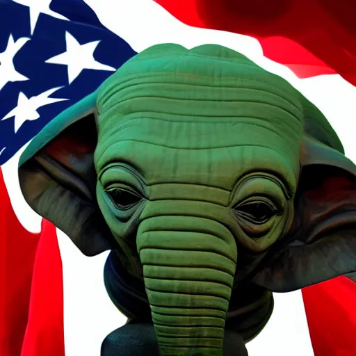 Prompt: elephant yoda as potus american flag, modern art placed in a large living room, art designers magazine hd photo superrealism 3 d 8 k resolution