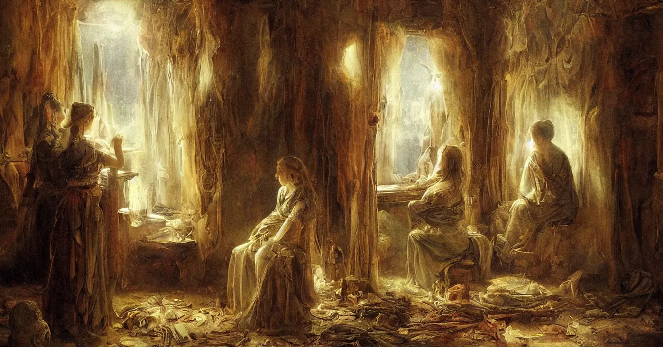 Image similar to secret world behind mirror with very deep stillness atmosphere, dimension of still moment, spiritual style, digital art, by augustus edwin mulready