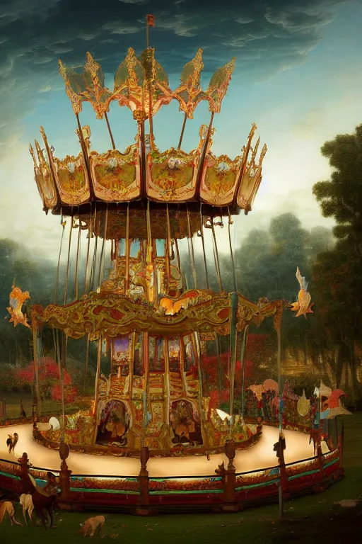 Image similar to a beautiful digital illustration painting of a fantasy carousel with painted horses by benoit b. mandelbrot, steven belledin, martin johnson heade, lee madgwick, caspar david friedrich, and david rios ferreira. 8 k resolution trending on artstation concept art digital illustration