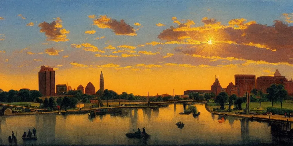 Prompt: a beautiful painting of Columbus Ohio by Rockwell Kent, golden hour, 8k, 4k