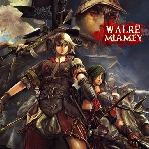 Image similar to Warkly 3 ONLINE GAME, medieval fantasy game poster printed on playstation 2 video game box , Artwork by Akihiko Yoshida, cinematic composition