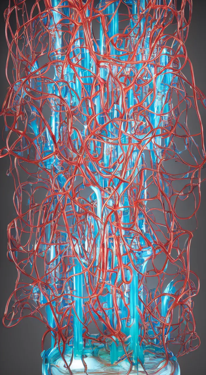 Prompt: a murano glass fountain in the shape of the circulatory system, dynamic lighting, amphora, ettore sottsass, cascade, kidney, veins, vessels, octane, 8k