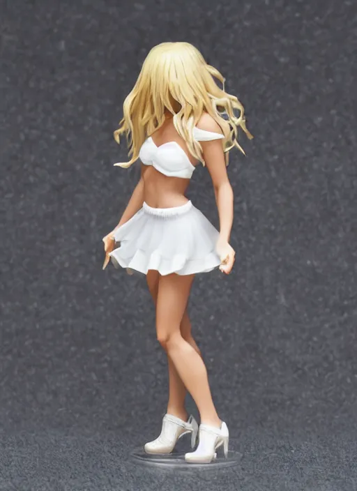 Image similar to Product Introduction Photos, 4K, Full body, 80mm resin detailed miniature of a very muscular lady in White and short lacy ruffled skirt, dark skin, Blonde hair