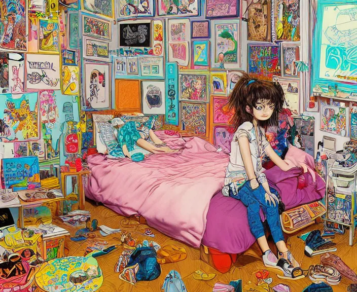 Image similar to highly detailed colorful illustration of a teenager in her room in the 9 0's, very detailed, clean shaped illustration by kim jung gi, ron english and eiichiro oda