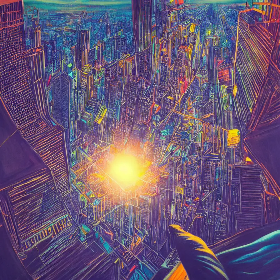Prompt: surrealist painting of a downward view of someone falling off from the sun into a city full of neonlights and skyscrapers at night. creative view angle.