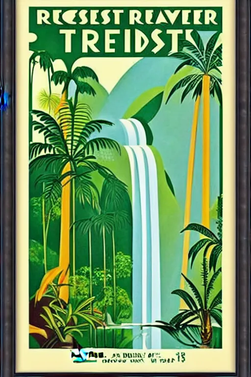Image similar to art deco travel poster. rainforest, framed poster
