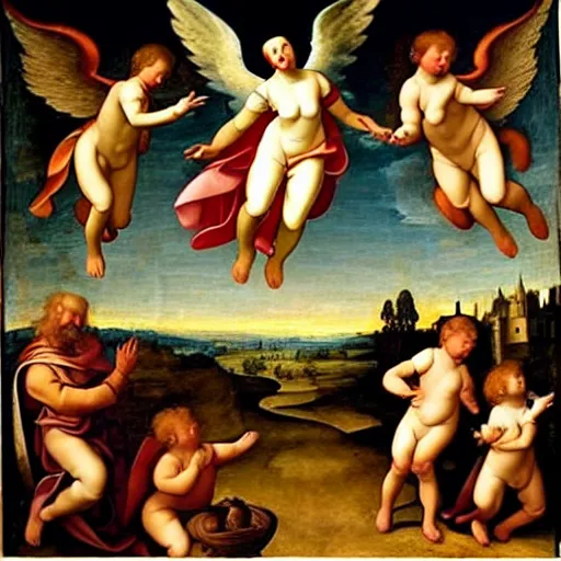 Prompt: renaissance painting with angels with trumpets flying from the sky, clouds, rays of the sun, sensual
