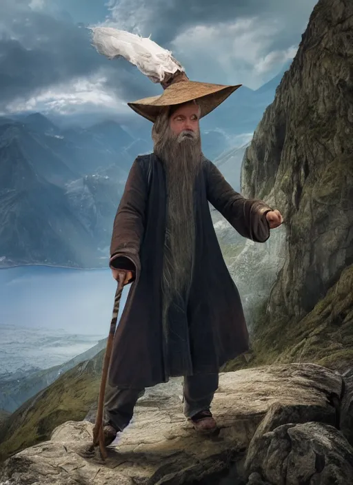 Image similar to A wizard with a staff, in a hat, stands on a mountain, high image quality and working out a face in 8k