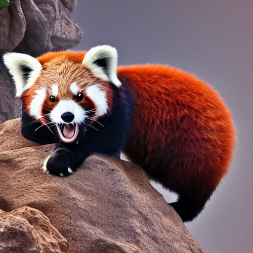 Image similar to digital art of adventurous red panda wearing a baseball cap climbing a mountain