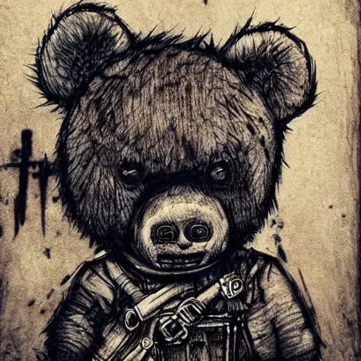 Prompt: grunge drawing of a teddy bear in the style of mad max | horror themed | loony toons style