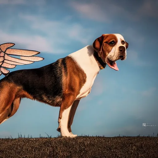 Prompt: a dog with wings XF IQ4, 150MP, 50mm, F1.4, ISO 200, 1/160s, natural light, Adobe Photoshop, Adobe Lightroom, photolab, Affinity Photo, PhotoDirector 365