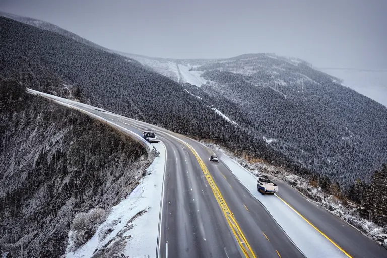 Prompt: a windy highway route on an icy snowy cliff, photo