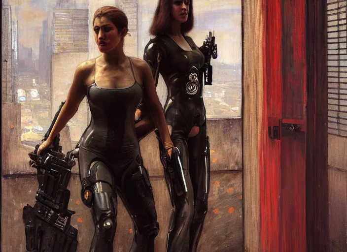 Image similar to sophia evades sgt Griggs. Cyberpunk hitwoman wearing jumpsuit escaping police troopers (blade runner 2049). Gorgeous face. Iranian orientalist portrait by john william waterhouse and Edwin Longsden Long and Theodore Ralli and Nasreddine Dinet, oil on canvas. Cinematic, hyper realism, realistic proportions, dramatic lighting, high detail 4k