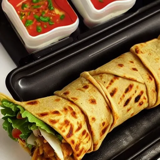 Image similar to a saucy [ chicken wrap ]! served in a tray of a [ fast food ], instagram food, hyperdetailed
