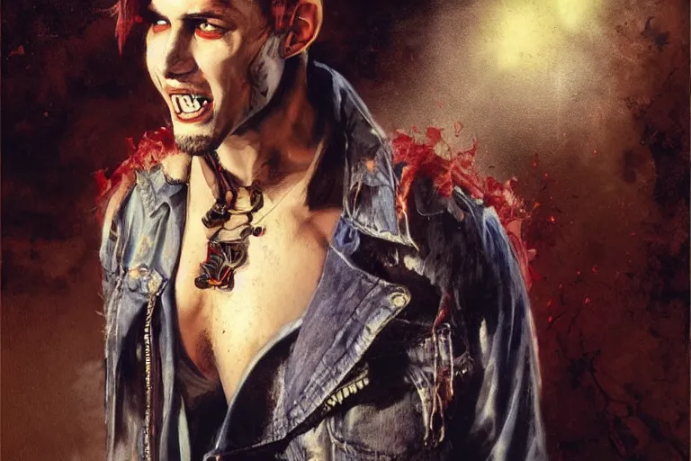 Prompt: portrait of a 2 5 year old contract killer named spike. he wears a tattered denim vest and has wide, bloodshot eyes, and a terrifying smile. art by gaston bussiere.