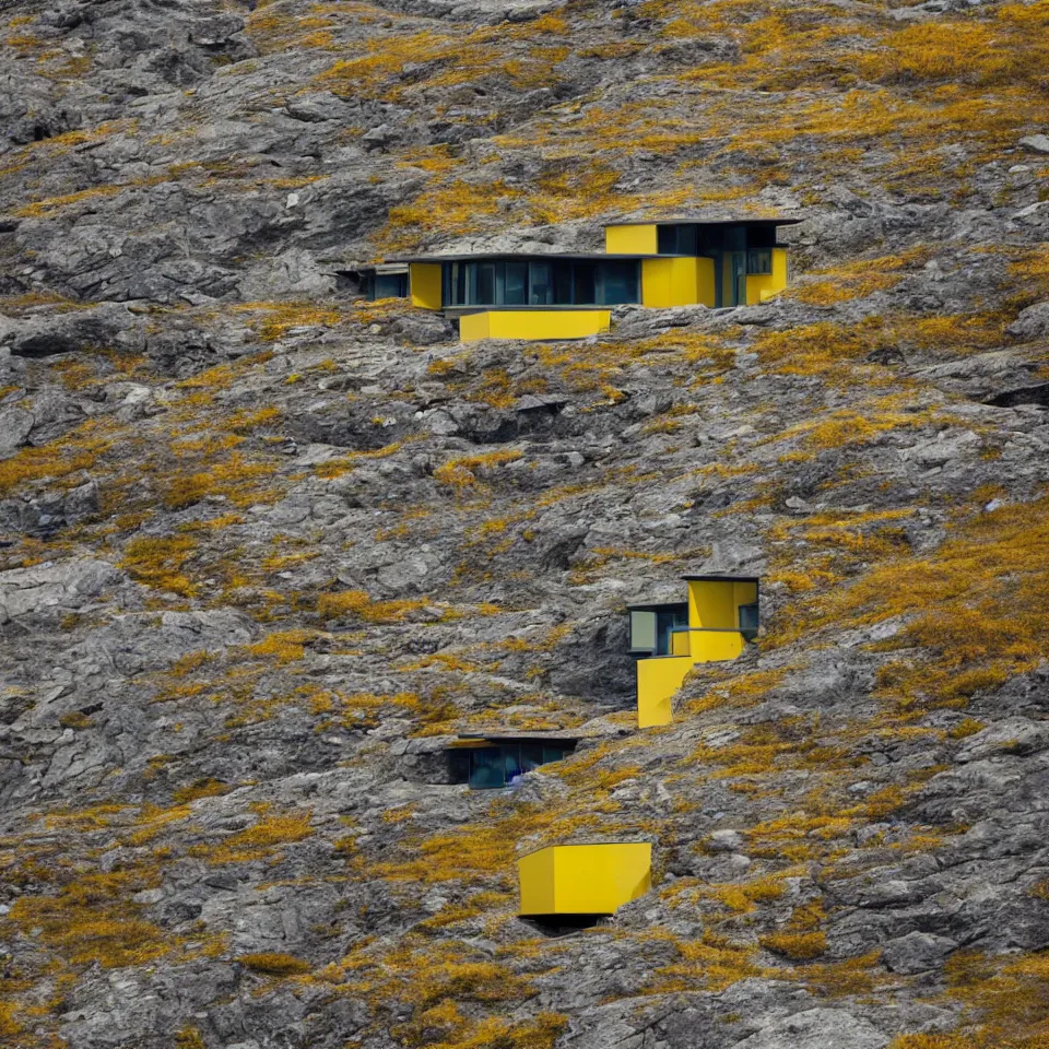 Image similar to a mid-century modern house on top of a cliff in the arctic, designed by Frank Gehry. Big tiles. Small pathway . Film grain, cinematic, yellow hue