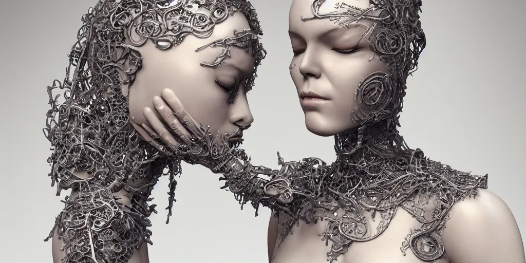 Prompt: realistic still life photography of a beautiful cyborg androgynous humanoid, holding close, affectionately, intricate filigree, in the style of beth cavener, jin kagetsu, wlop, highly detailed, symmetry, masterpiece, concept art, ringflash, highkey lighting, ambient lighting, octane render, 8 k, artstation