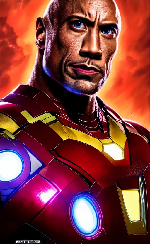 Image similar to portrait of the rock as iron man from the avengers infinity war, character concept art, hyperrealistic, detailed, accurate illustration, dramatic lighting, action pose