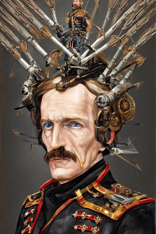 Prompt: portrait, headshot, digital painting, of General Custer as a military cyborg with several arrows in his head and body, amber jewels, vr headset, baroque, ornate clothing, scifi, futuristic, realistic, hyperdetailed, chiaroscuro, concept art, art by waterhouse and witkacy