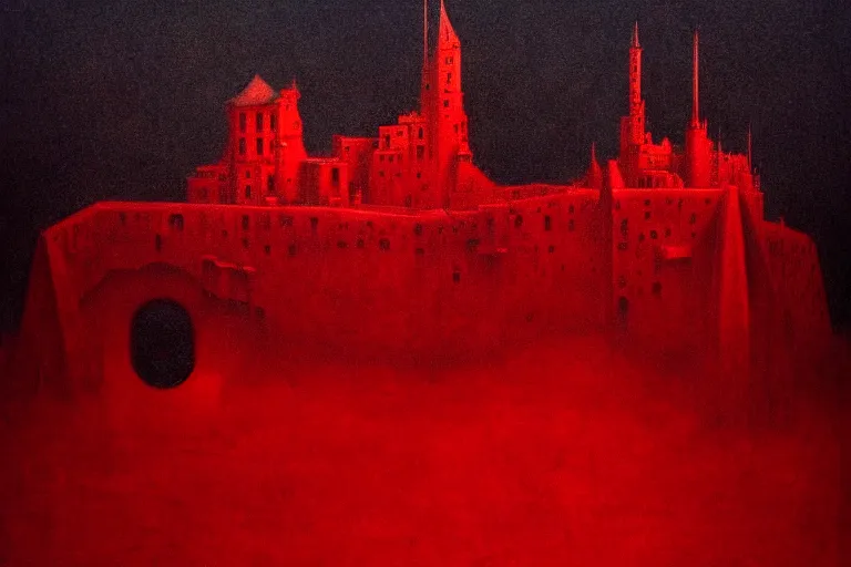 Image similar to only with red, in a red dream world, a crimson tiger, a castle in the background, medieval demons, in the style of beksinski, part by hopper, part by rodcenko, part by hofbauer, intricate composition, red by caravaggio, insanely quality, highly detailed, masterpiece, red light, artstation