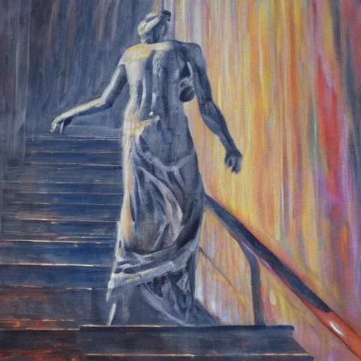 Image similar to very abstract painting of a statue of a figure walking down the stairs, impressionist painting, realistic