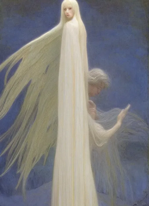 Prompt: thin young beautiful angel with silver hair, pale!, wearing white robes!, wearing hair, golden goddess, young adorable korean face, silver hair!!, oil on canvas, style of jean delville, 4 k resolution, aesthetic!,