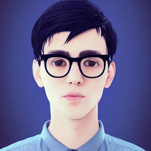 Prompt: portrait of a cute nerdy young man with round glasses and black hair, side part hair cut, anime portrait by beeple, trending on artstation,