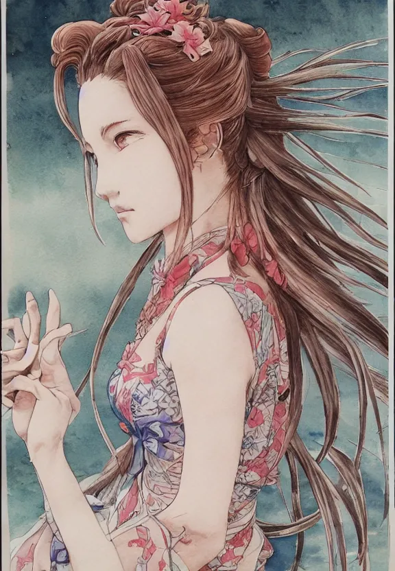 Prompt: a full-body watercolor painting of Aerith Gainsborough by Yoshitaka Amano, ukiyo-e, nouveau, concept art, 80's fantasy art, highly detailed, intricate, trending on artstation, award-winning