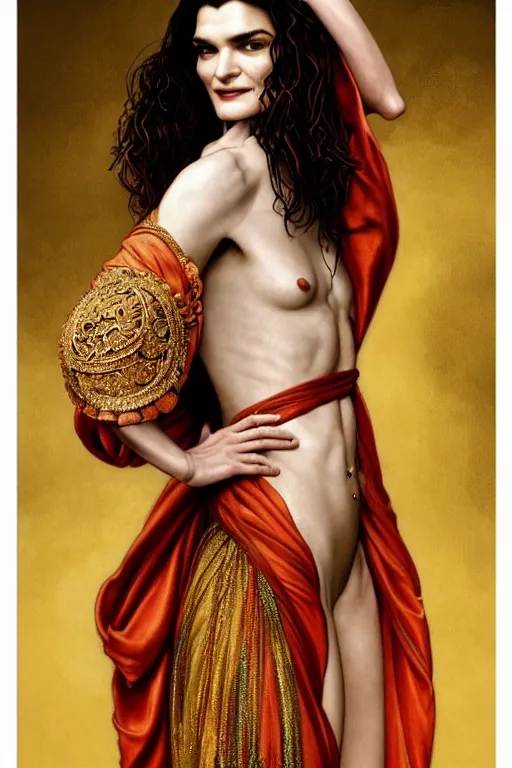 Image similar to body portrait of rachel weisz wearing a flowing silk robe, wearing an ornate ancient headress, by terry o'neill intricate, elegant, highly detailed, digital painting, artstation, concept art, smooth, sharp focus, bold lighting, deep colors, dark background, illustration, art by artgerm and greg rutkowski and alphonse mucha, 8 k,