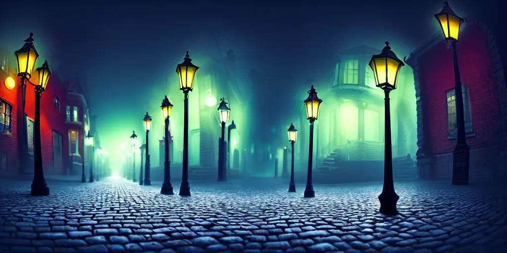 Image similar to curved perspective, extreme narrow, extreme fisheye, digital art of a night foggy street with curled victorian street lamps over cobblestone floor by anton fadeev from nightmare before christmas