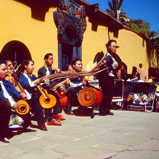 Prompt: mariachi band, tlaquepaque, kodak ektachrome,